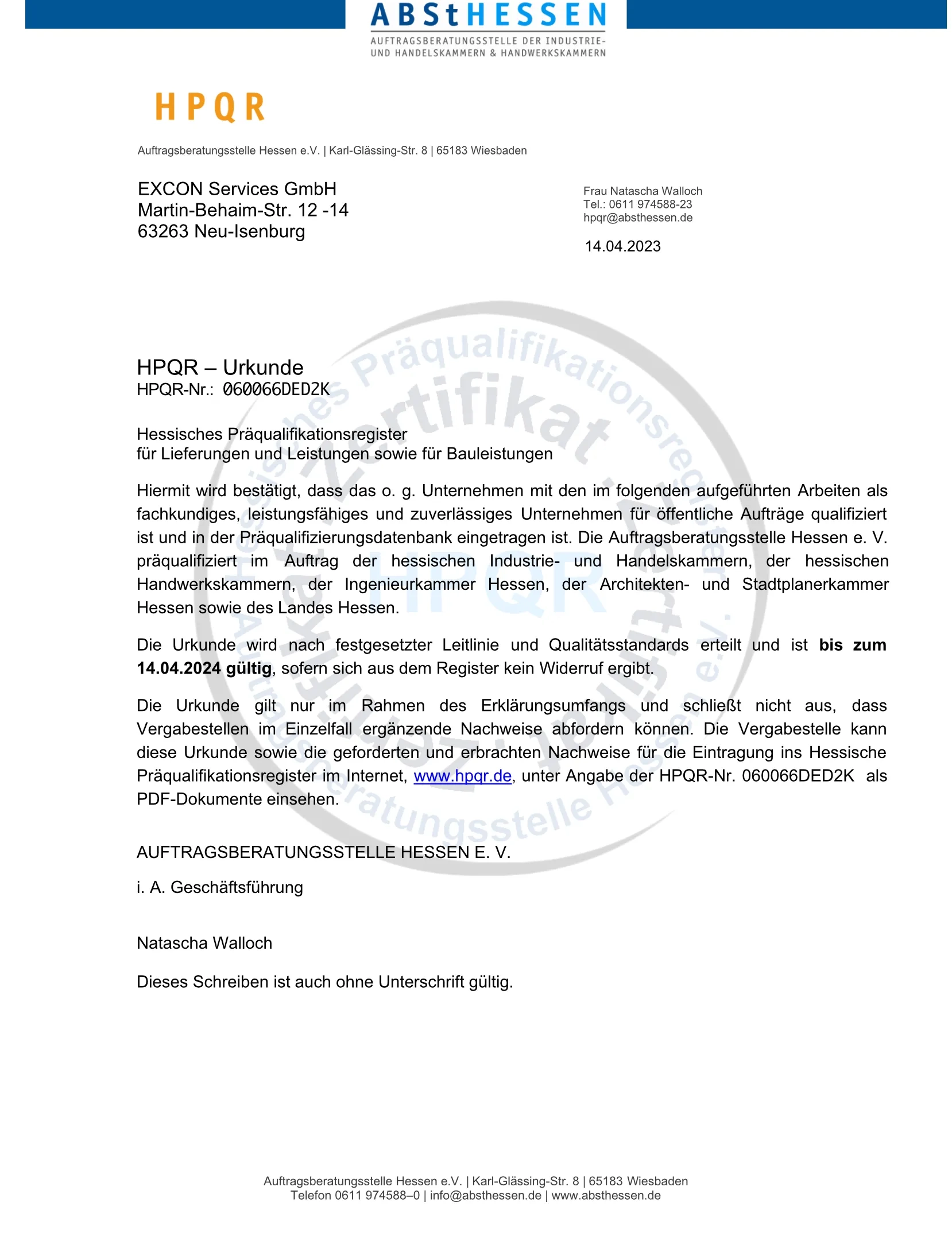 EXCON Zertifikat Präqualifikationsregister