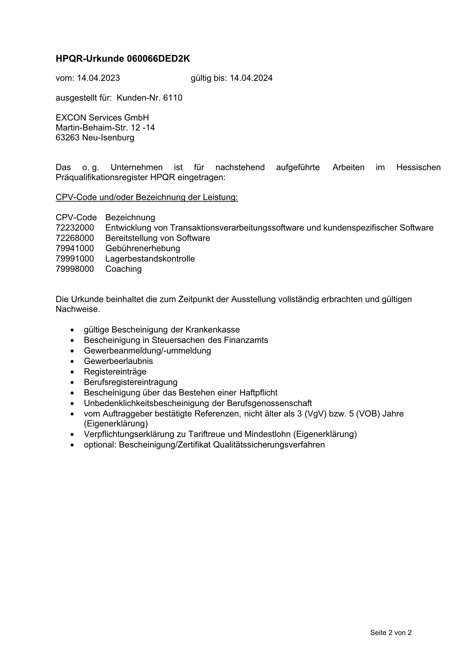 EXCON Zertifikat Präqualifikationsregister