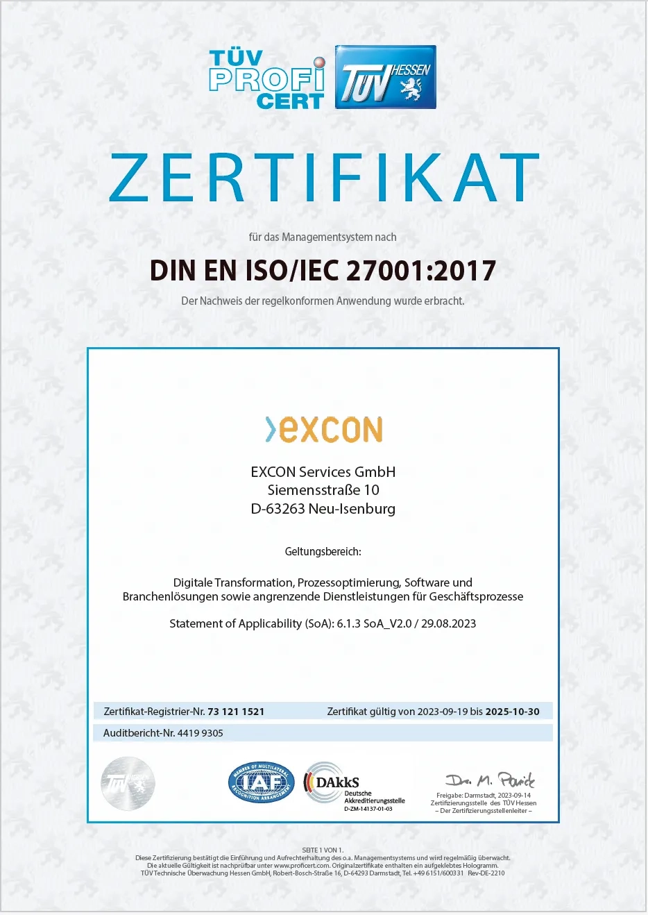 EXCON Zertifikat ISO 27001 