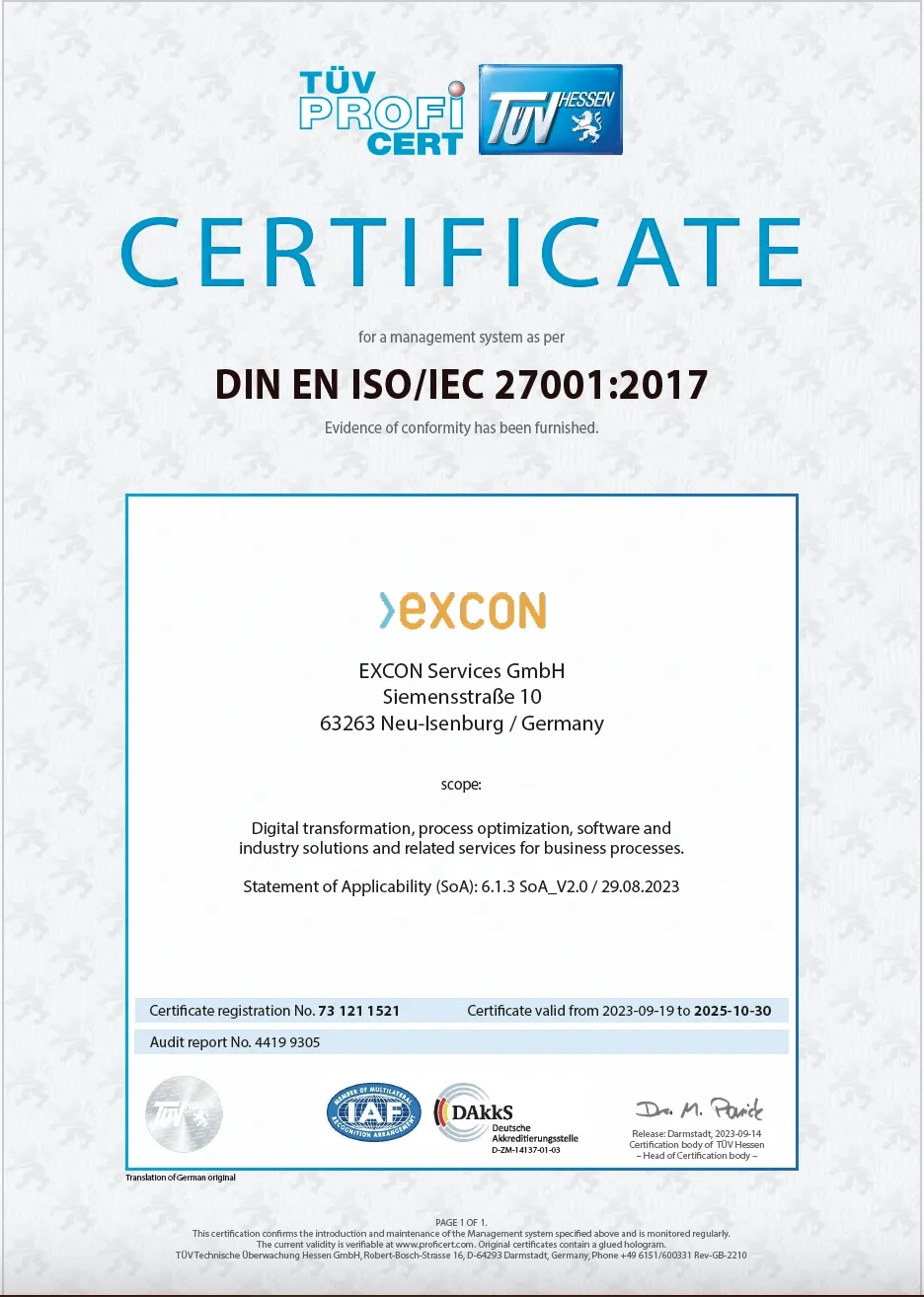 EXCON certifiace ISO 27001