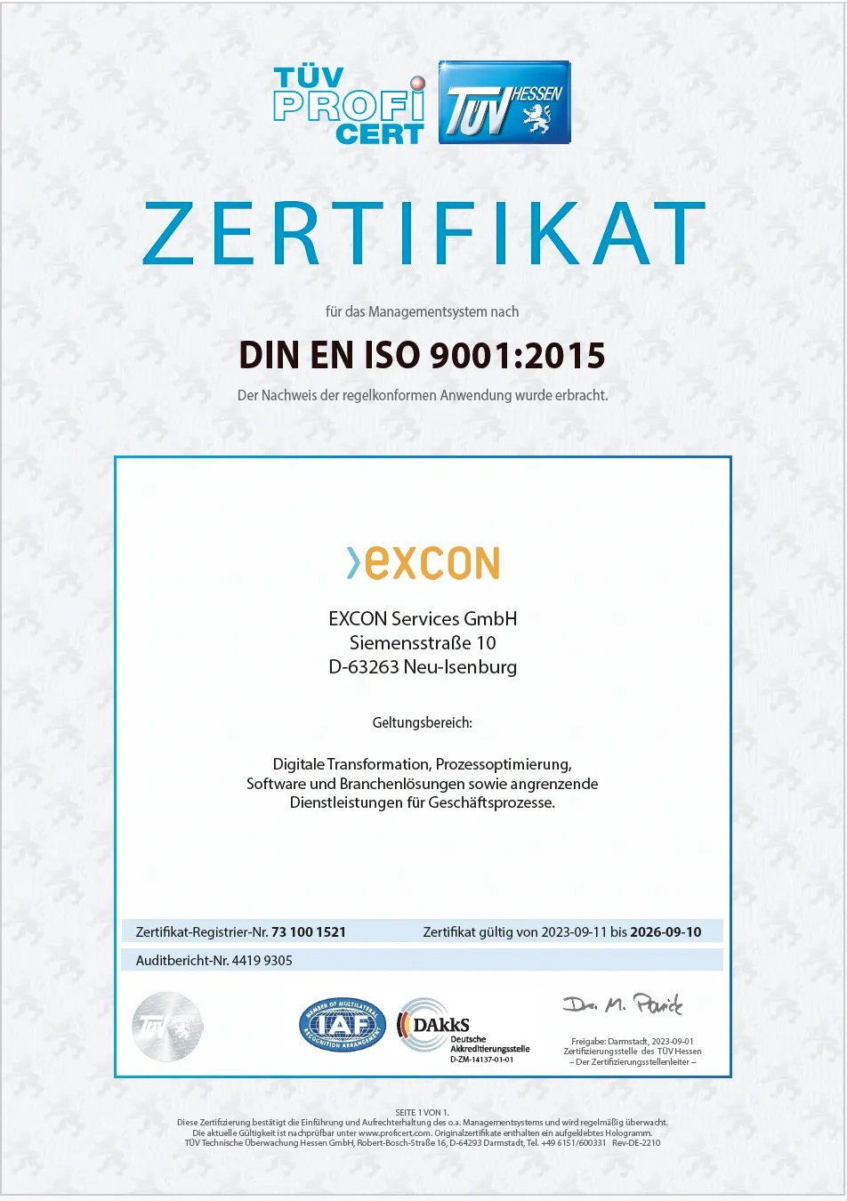 EXCON Zertifikat ISO 9001