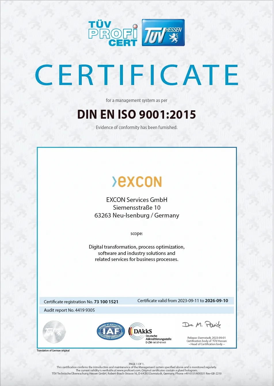 EXCON certificate ISO 9001