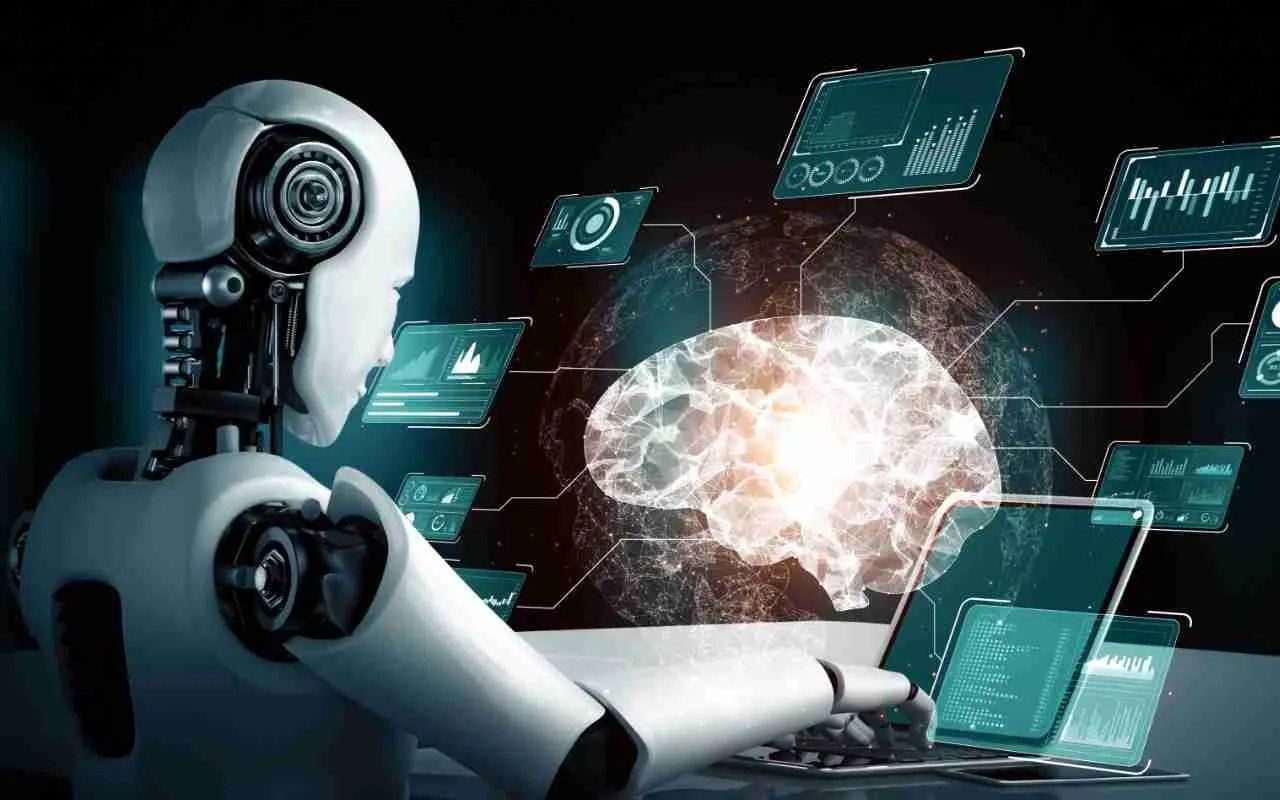 Digitales Gehirn und Roboter strukturiert Daten an einem Laptop