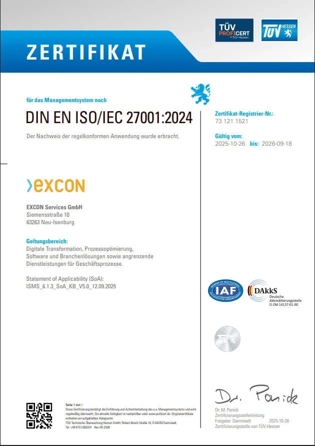 DIN EN ISO 27001:2024 Urkunde für EXCON Services