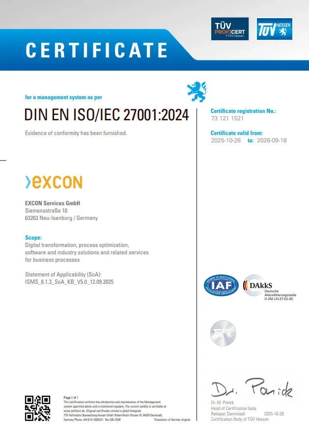 DIN EN ISO 27001:2024 certificate for EXCON Services