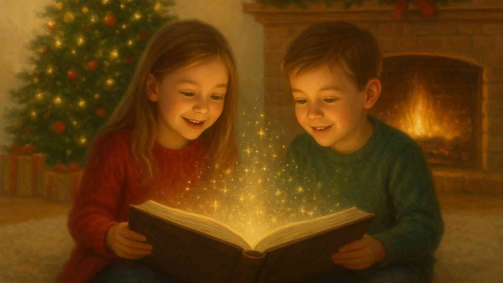 Zwei Kinder lesen die Weihnachtsgeschichte von Exconia vor