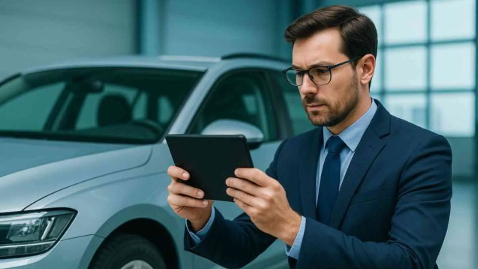 Mann mit Tablet in der Hand beim digitalen Rücknahmeprotokoll