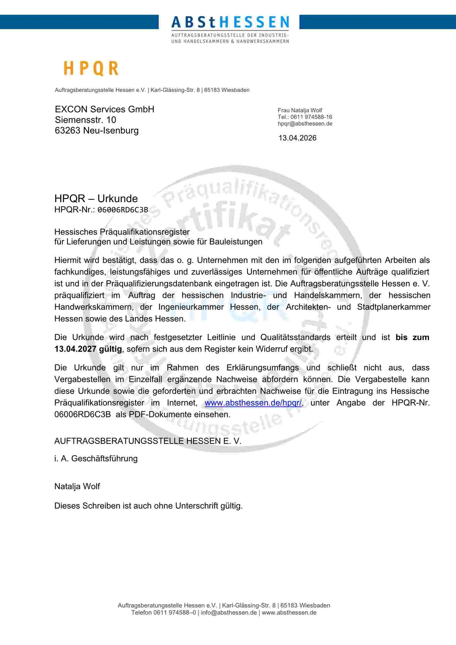 Zertifikat-HPQR von EXCON Seite 1