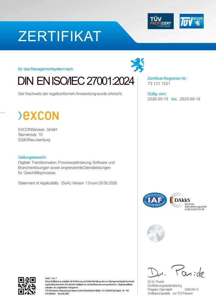 EXCON ISO-Zertifizierung Informationssicherheit ISO 27001