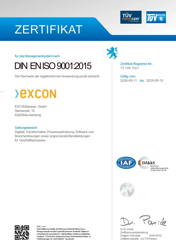 EXCON ISO-Zertifizierung Qualitätsmanagement ISO 9001